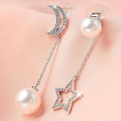 Luxury CZ Imitation Pearl Star Moon Asymmetry Long Earrings Elegant Lady Jewelry Image 3