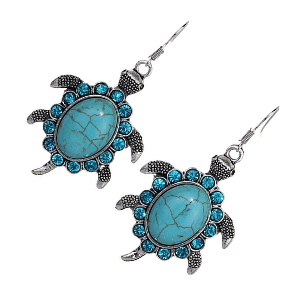 Retro Cute Rhinestone Turtle Dangle Pendant Tibetan Ear Hook Earrings Jewelry Image 4