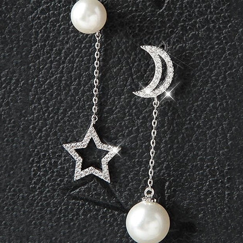 Luxury CZ Imitation Pearl Star Moon Asymmetry Long Earrings Elegant Lady Jewelry Image 4