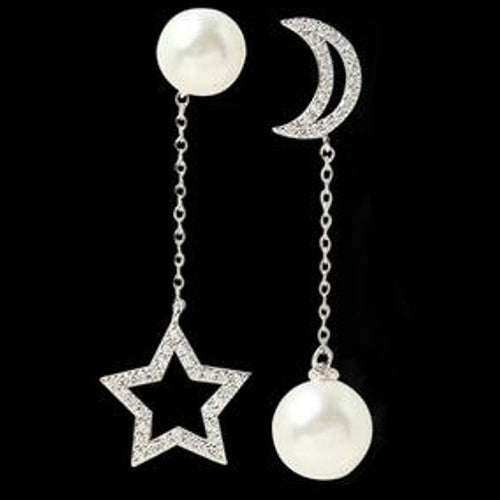 Luxury CZ Imitation Pearl Star Moon Asymmetry Long Earrings Elegant Lady Jewelry Image 4