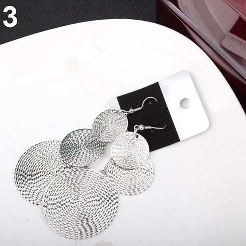 Women Fashion Exaggerated Three Layers Round Pendant Dangle Hook Earrings Image 6