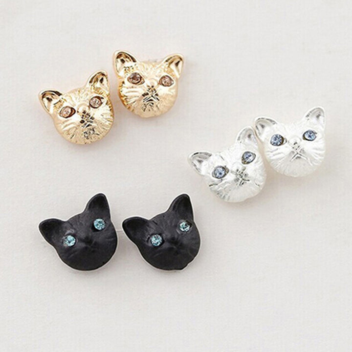 1 Pair Women Cute Cats Head Rhinestones Inlaid Ear Studs Earrings for Party Club Image 4
