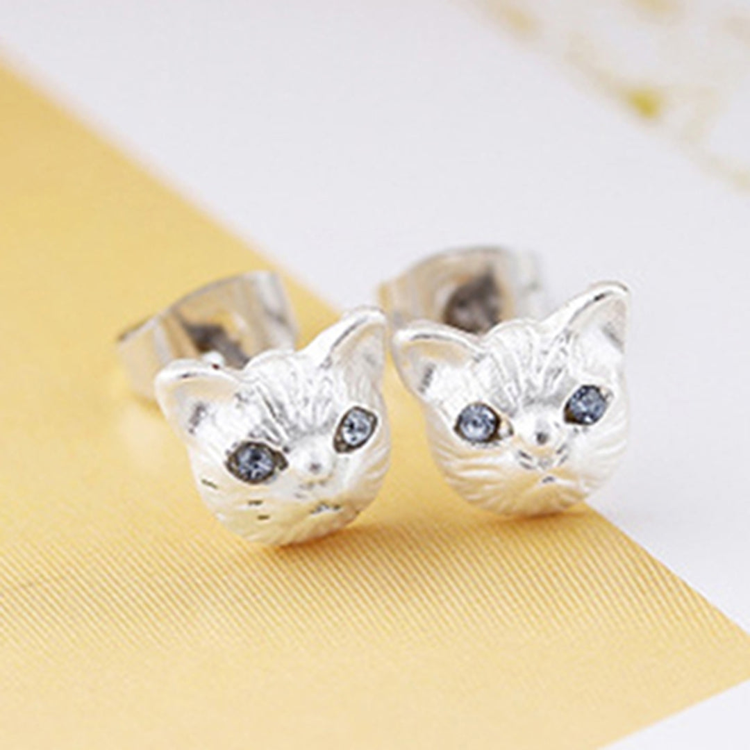1 Pair Women Cute Cats Head Rhinestones Inlaid Ear Studs Earrings for Party Club Image 6