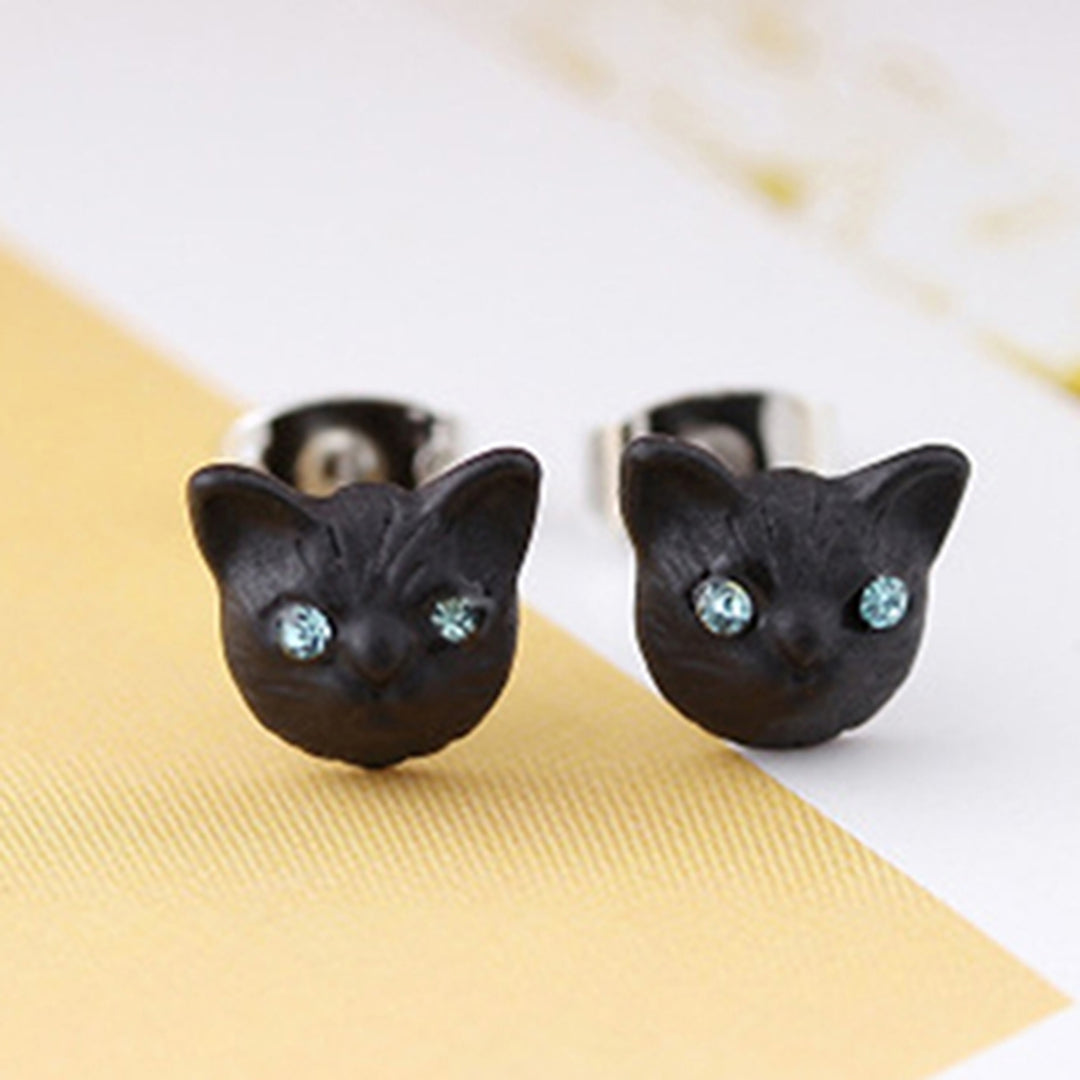 1 Pair Women Cute Cats Head Rhinestones Inlaid Ear Studs Earrings for Party Club Image 7