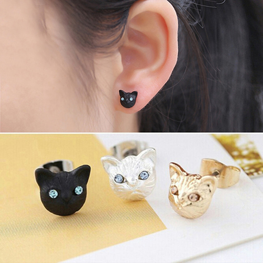 1 Pair Women Cute Cats Head Rhinestones Inlaid Ear Studs Earrings for Party Club Image 9