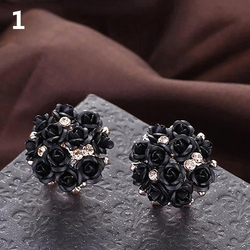 Women Fashion Elegant Inlaid Rhinestone Blooming Rose Flower Ear Studs Earrings Image 2