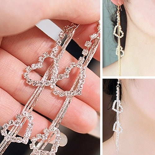 Women Double Heart Long Tassels Rhinestone Linear Hook Dangle Duster Earrings Image 1