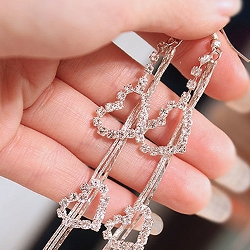 Women Double Heart Long Tassels Rhinestone Linear Hook Dangle Duster Earrings Image 2