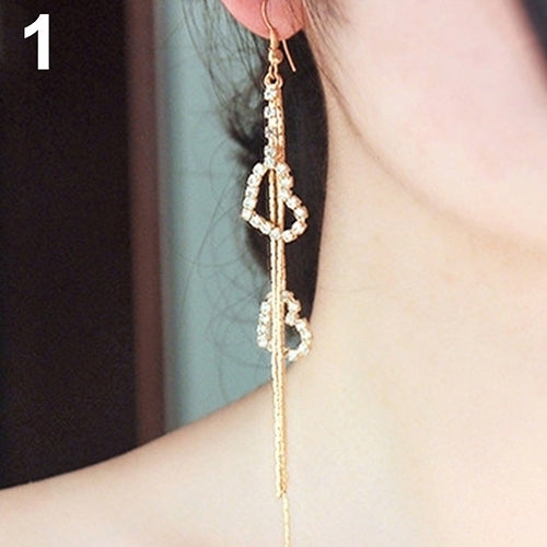 Women Double Heart Long Tassels Rhinestone Linear Hook Dangle Duster Earrings Image 3