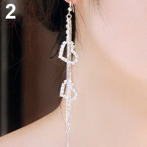 Women Double Heart Long Tassels Rhinestone Linear Hook Dangle Duster Earrings Image 4