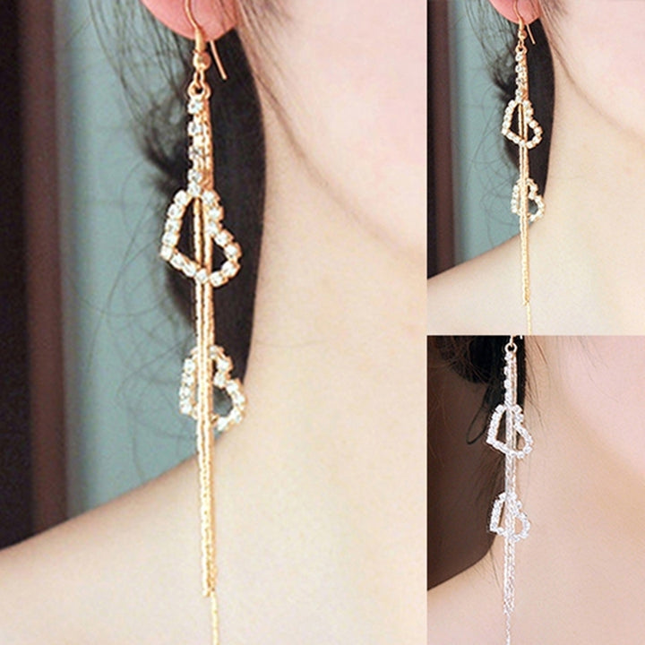 Women Double Heart Long Tassels Rhinestone Linear Hook Dangle Duster Earrings Image 4