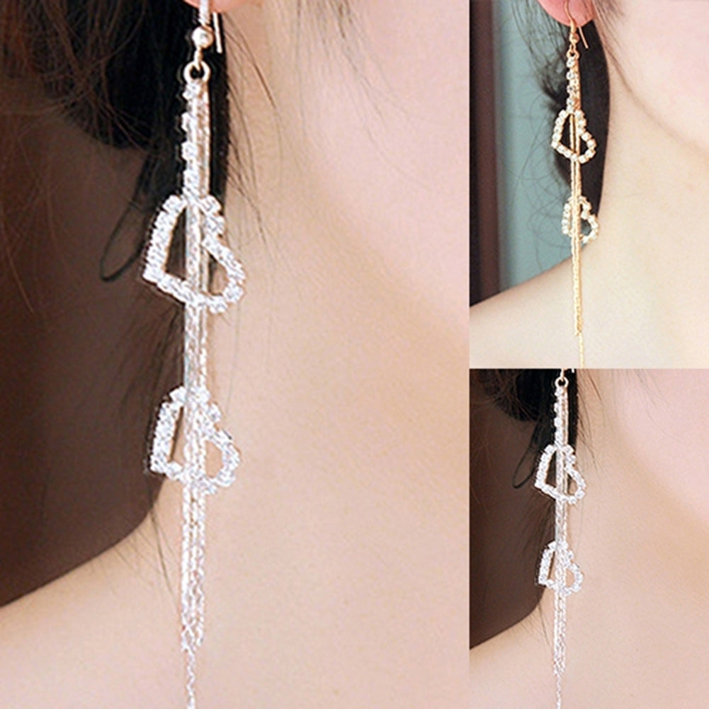 Women Double Heart Long Tassels Rhinestone Linear Hook Dangle Duster Earrings Image 6