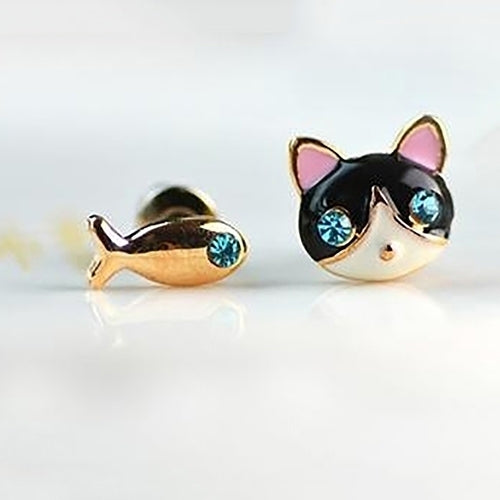 1 Pair Korean Women Cute Cat Fish Rhinestone Stud Earrings Fashion Jewelry Image 1
