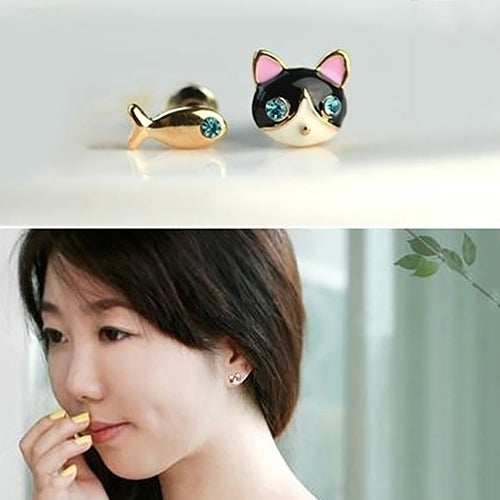 1 Pair Korean Women Cute Cat Fish Rhinestone Stud Earrings Fashion Jewelry Image 2