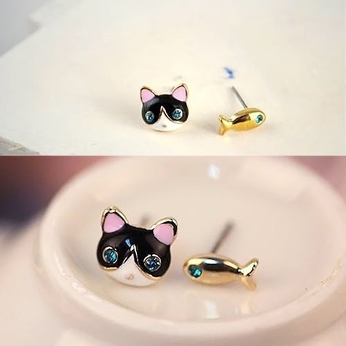 1 Pair Korean Women Cute Cat Fish Rhinestone Stud Earrings Fashion Jewelry Image 3