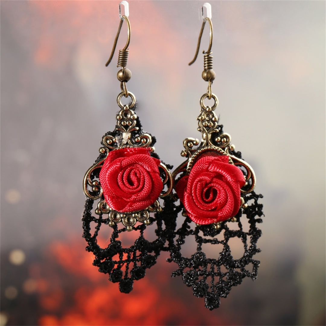 1 Pair Women Fashion Lace Red Rose Hollow Dangle Hook Earrings Jewelry Gift Image 1