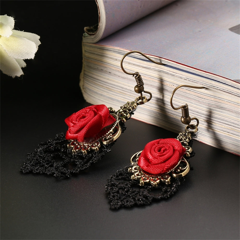 1 Pair Women Fashion Lace Red Rose Hollow Dangle Hook Earrings Jewelry Gift Image 2