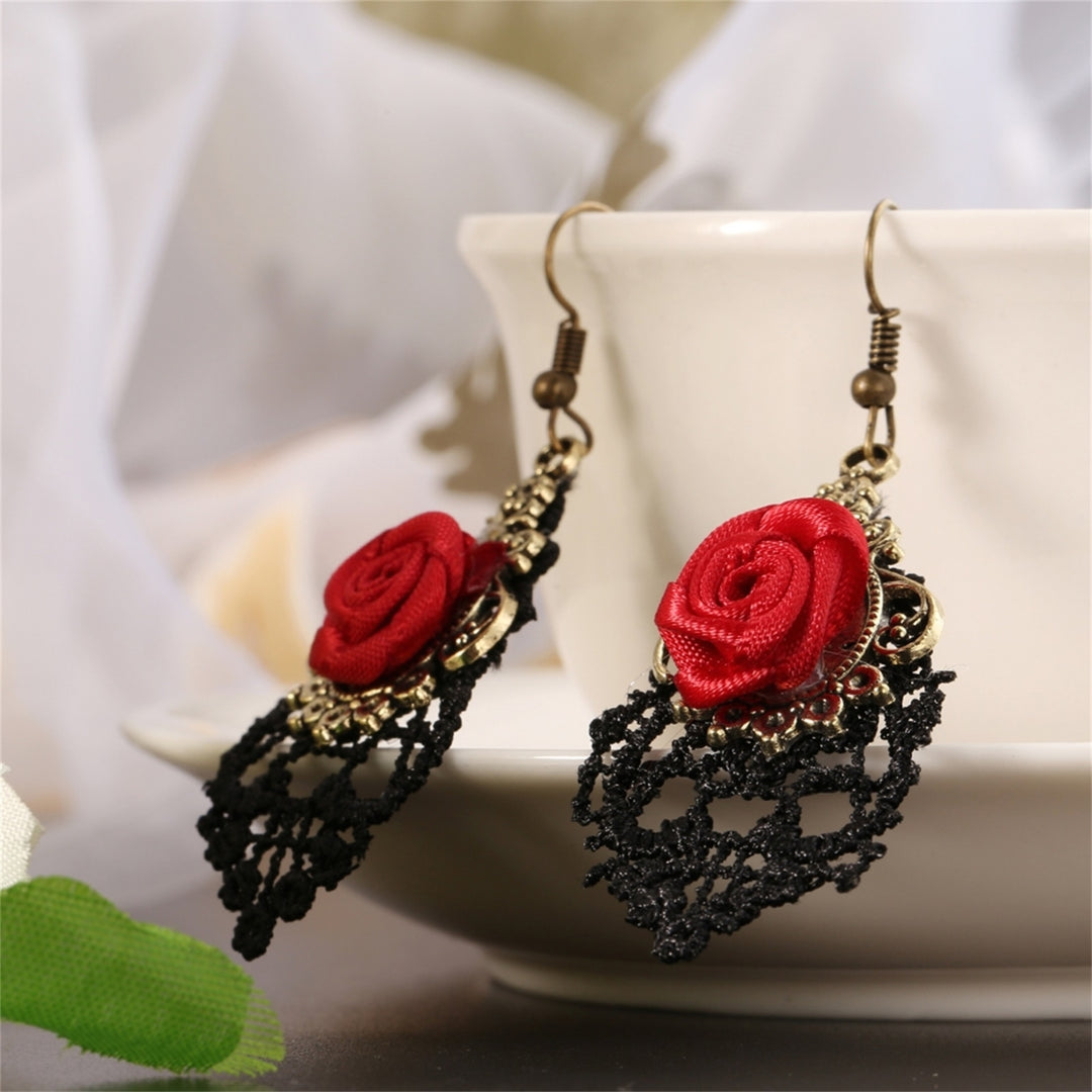 1 Pair Women Fashion Lace Red Rose Hollow Dangle Hook Earrings Jewelry Gift Image 3