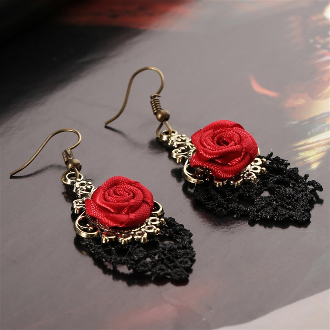 1 Pair Women Fashion Lace Red Rose Hollow Dangle Hook Earrings Jewelry Gift Image 4