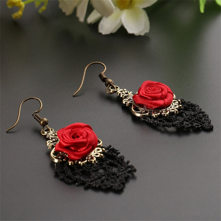 1 Pair Women Fashion Lace Red Rose Hollow Dangle Hook Earrings Jewelry Gift Image 6