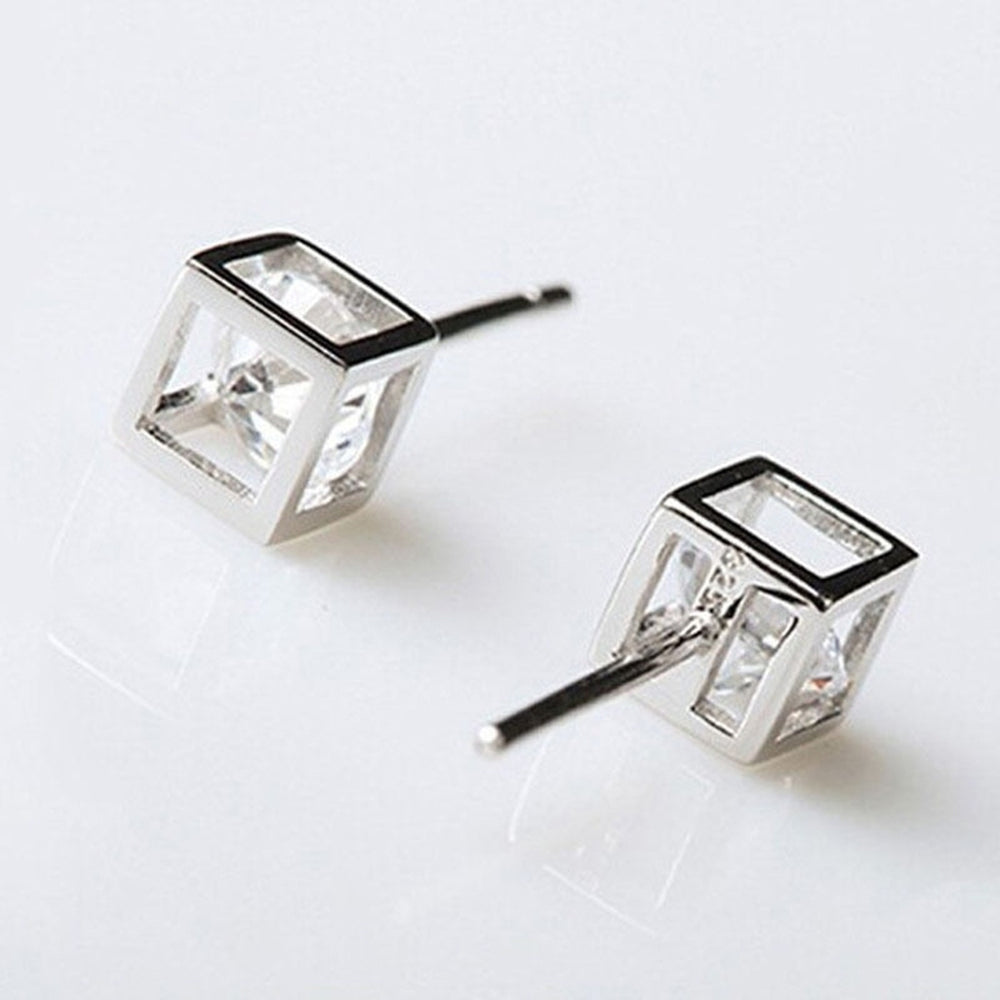 Bridal Silver Plated Square Magic Cube CZ Stud Earrings Women Jewelry Charm Gifts Image 2