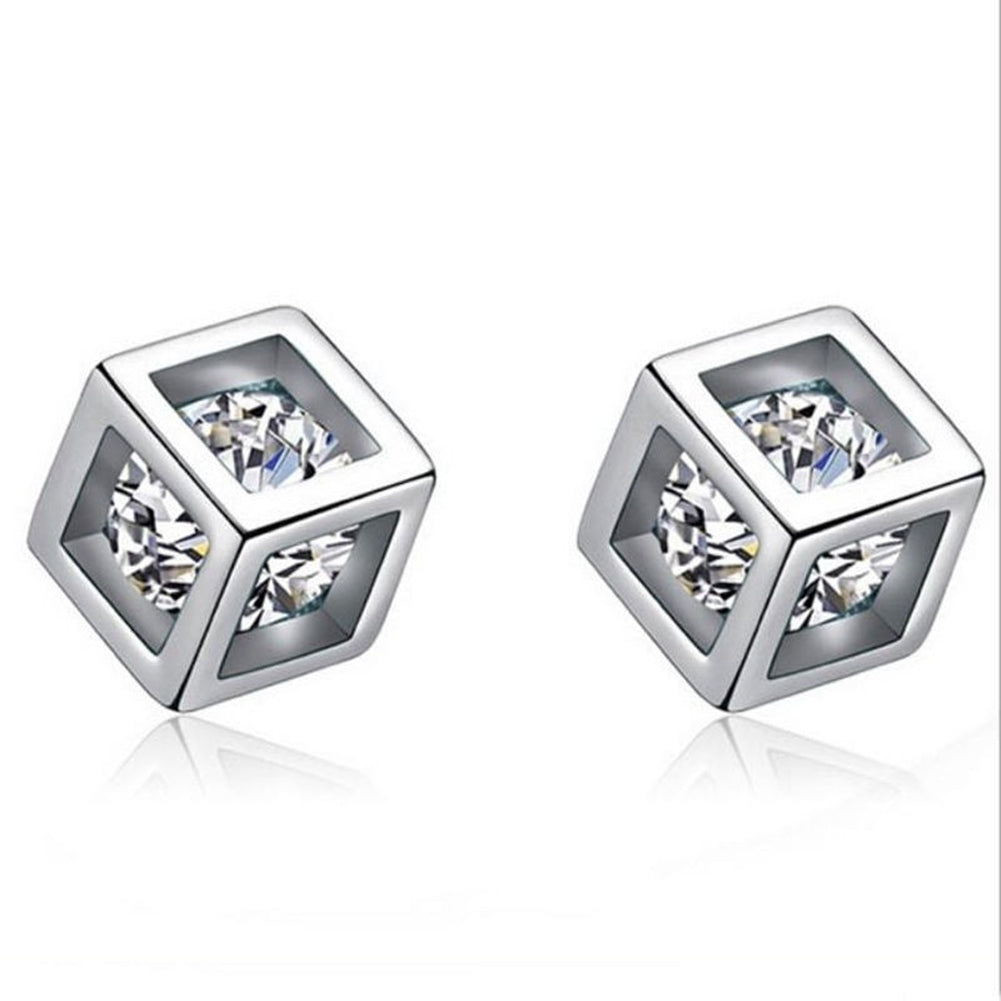 Bridal Silver Plated Square Magic Cube CZ Stud Earrings Women Jewelry Charm Gifts Image 4