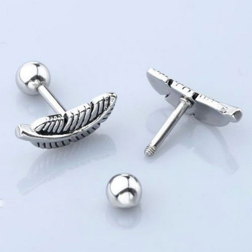 1 Pair Womens Feather Leaves Ear Studs Barbell Earrings Piercing Ball Earnuts Image 4