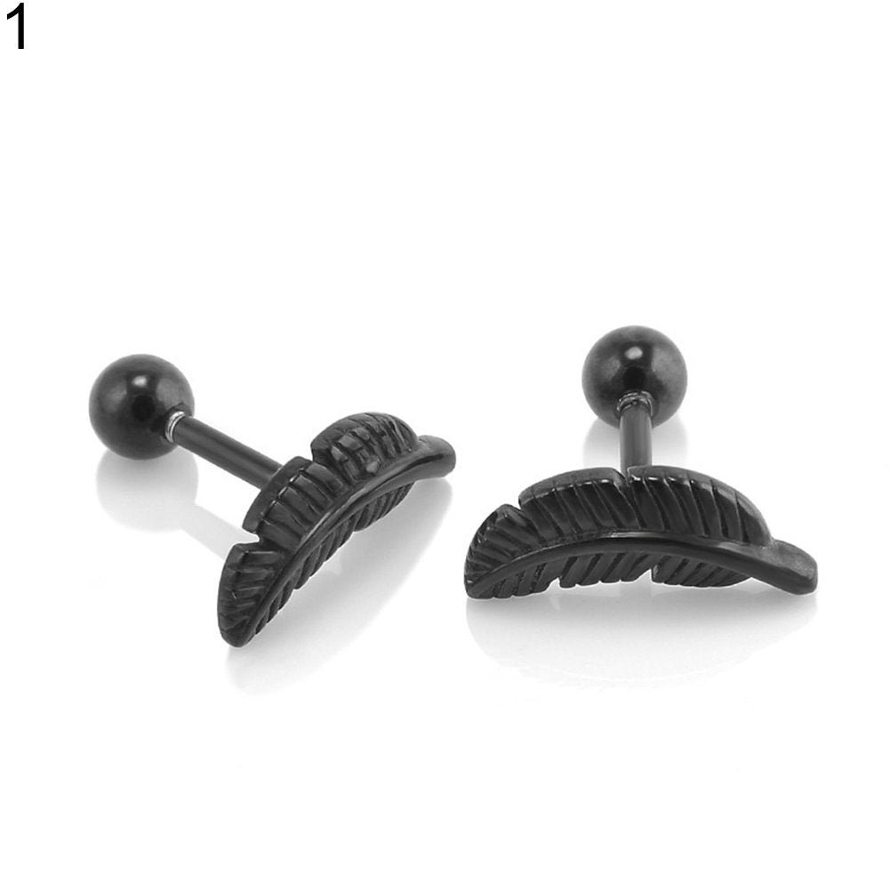 1 Pair Womens Feather Leaves Ear Studs Barbell Earrings Piercing Ball Earnuts Image 1