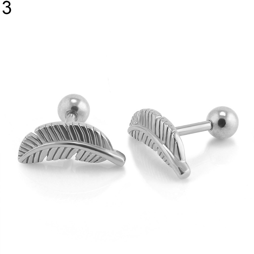 1 Pair Womens Feather Leaves Ear Studs Barbell Earrings Piercing Ball Earnuts Image 10