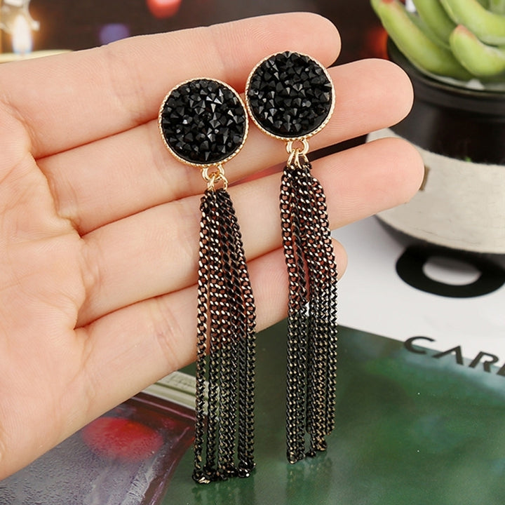 Fashion Women Rhinestone Inlaid Round Tassel Long Dangle Stud Earrings Jewelry Image 2