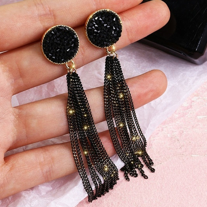 Fashion Women Rhinestone Inlaid Round Tassel Long Dangle Stud Earrings Jewelry Image 3