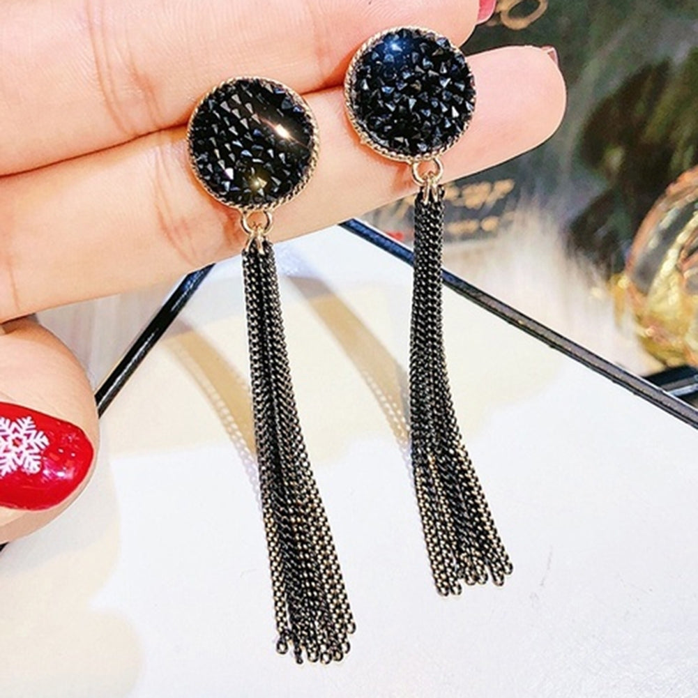 Fashion Women Rhinestone Inlaid Round Tassel Long Dangle Stud Earrings Jewelry Image 4