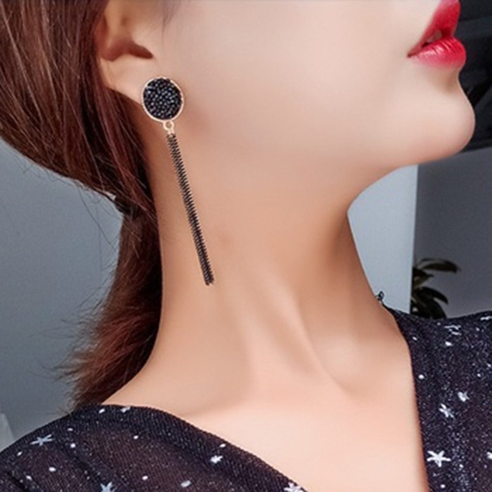 Fashion Women Rhinestone Inlaid Round Tassel Long Dangle Stud Earrings Jewelry Image 4