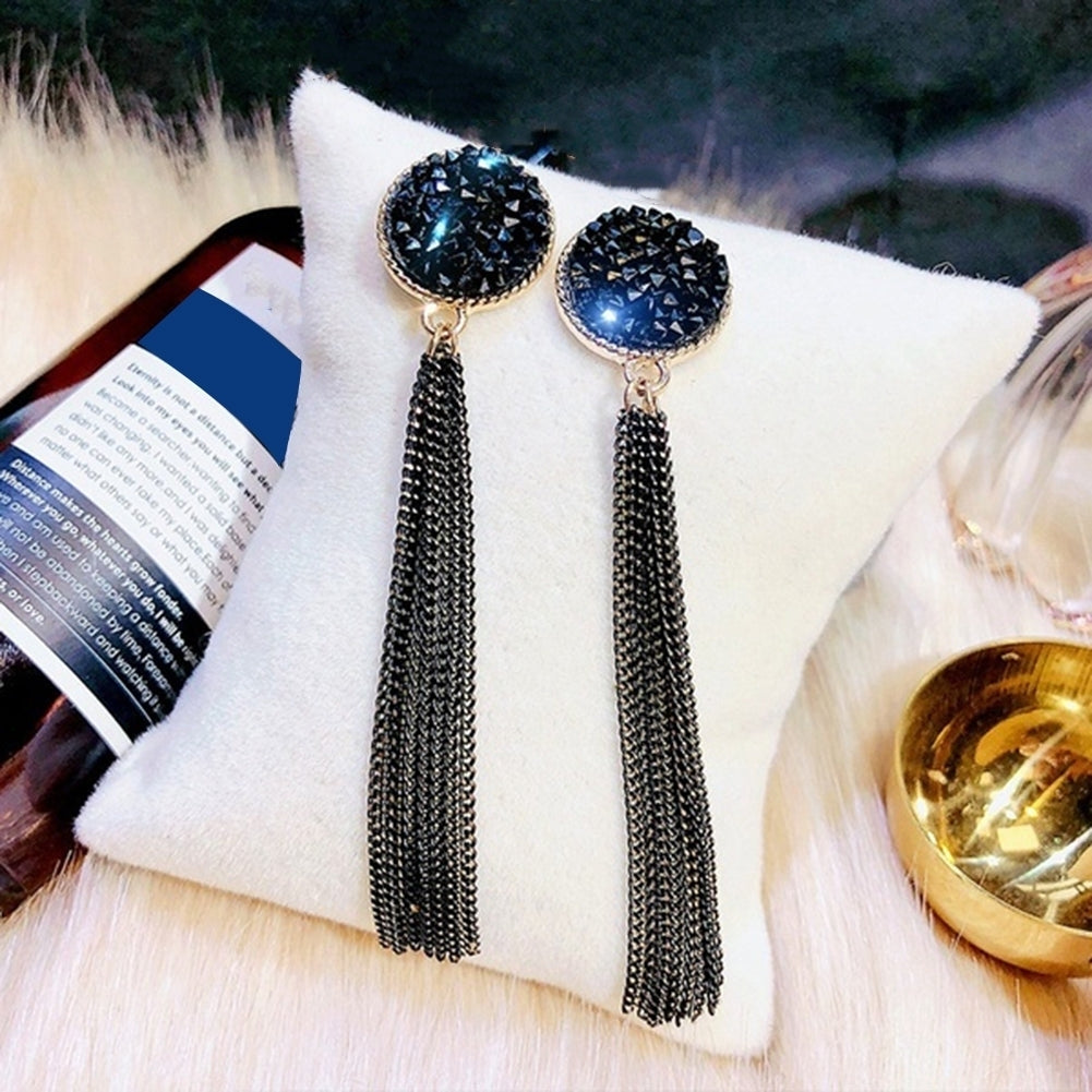 Fashion Women Rhinestone Inlaid Round Tassel Long Dangle Stud Earrings Jewelry Image 8