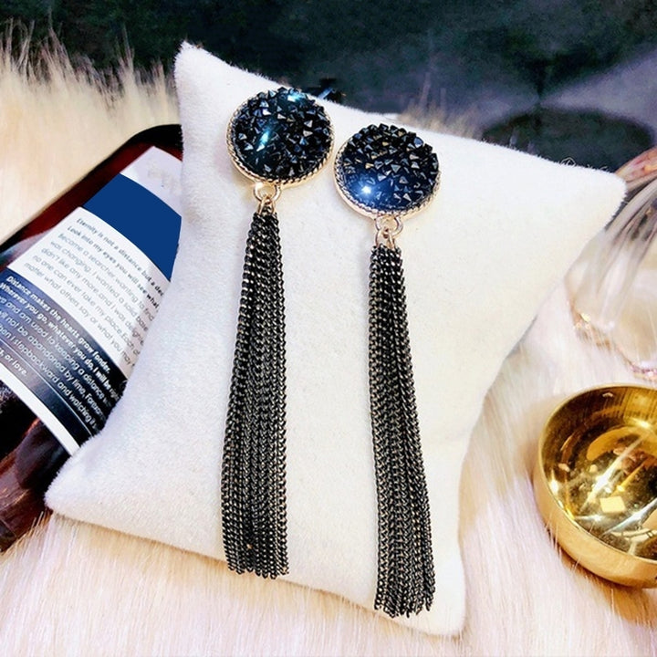 Fashion Women Rhinestone Inlaid Round Tassel Long Dangle Stud Earrings Jewelry Image 8