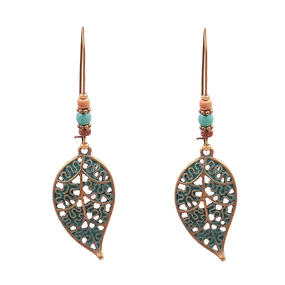 Retro Hollow Leaf Pendant Faux Turquoise Beaded Earrings Women Statement Jewelry Image 11