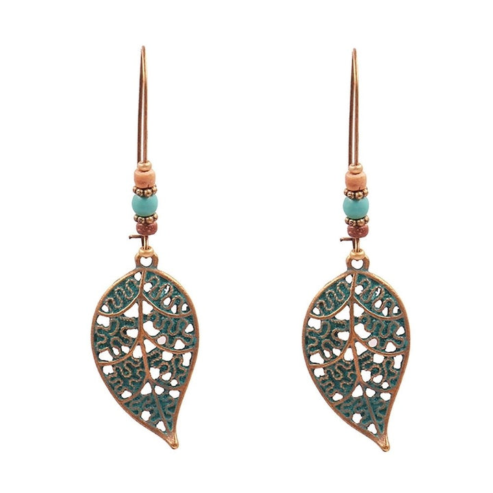 Retro Hollow Leaf Pendant Faux Turquoise Beaded Earrings Women Statement Jewelry Image 11