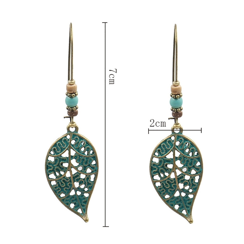 Retro Hollow Leaf Pendant Faux Turquoise Beaded Earrings Women Statement Jewelry Image 12