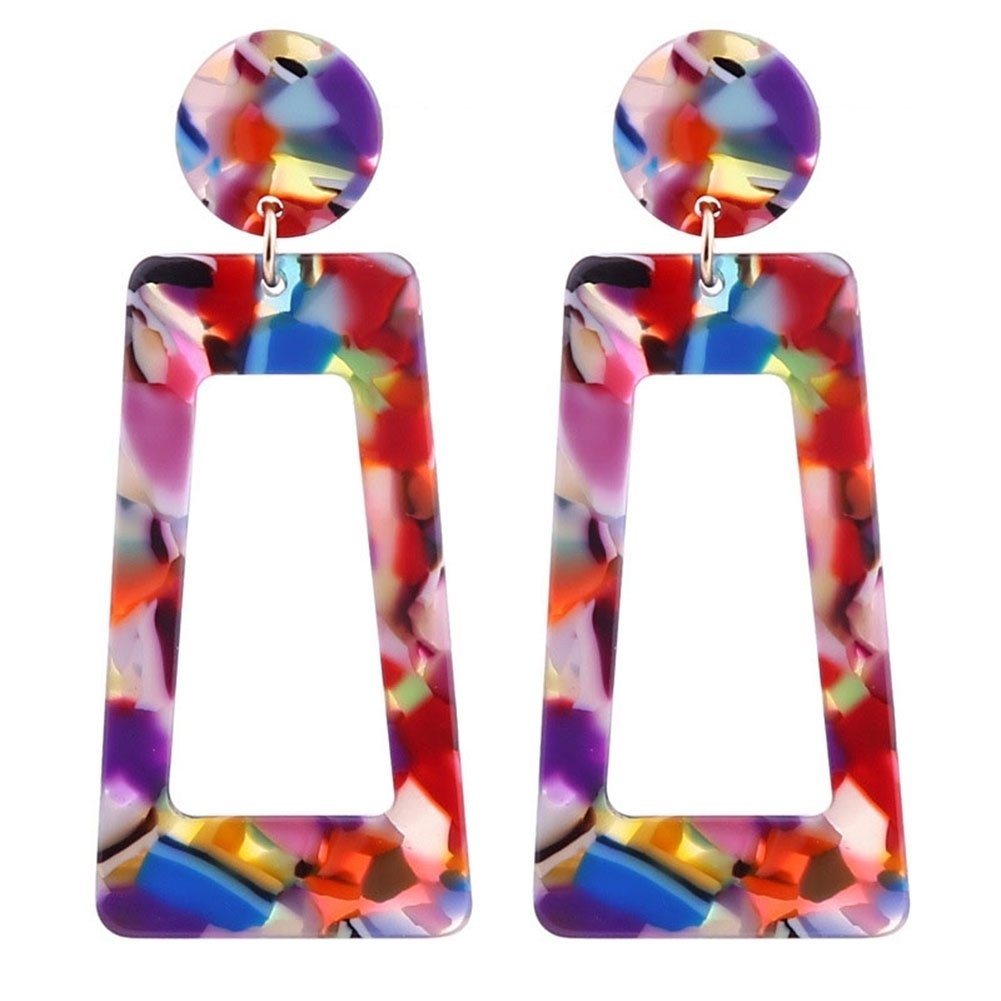 Multicolor Geometric Rectangle Long Drop Big Dangle Pendant Earring Statement Jewelry Image 1