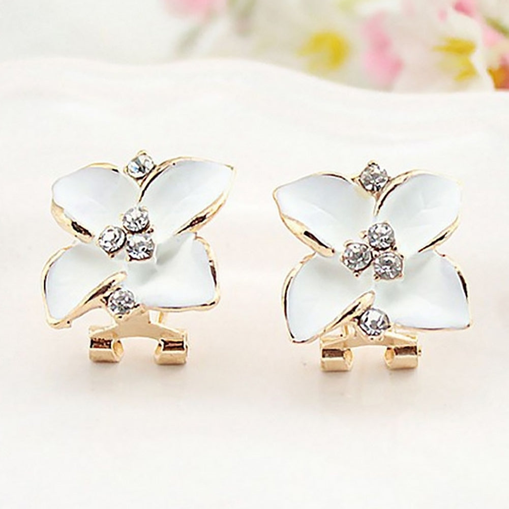 Women Rhinestone Inlaid Enamel Clover Shape Stud Earrings Party Jewelry Gift Image 2