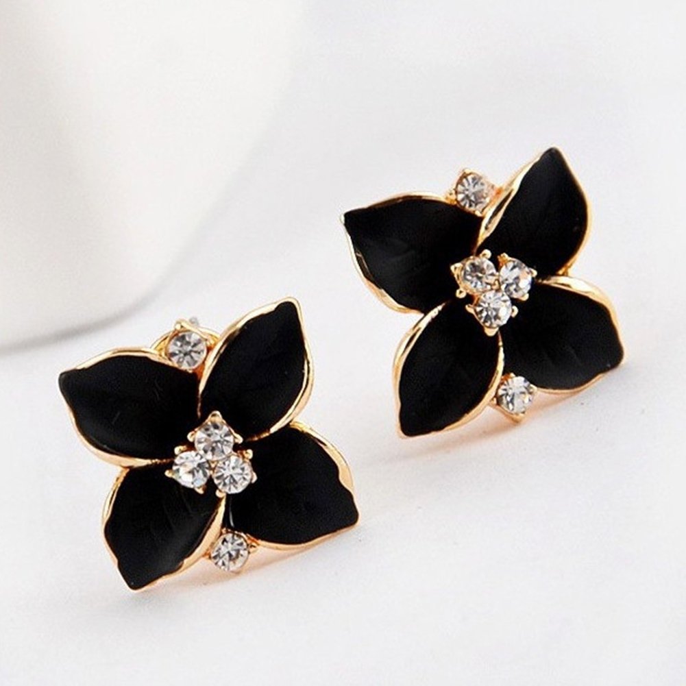 Women Rhinestone Inlaid Enamel Clover Shape Stud Earrings Party Jewelry Gift Image 4