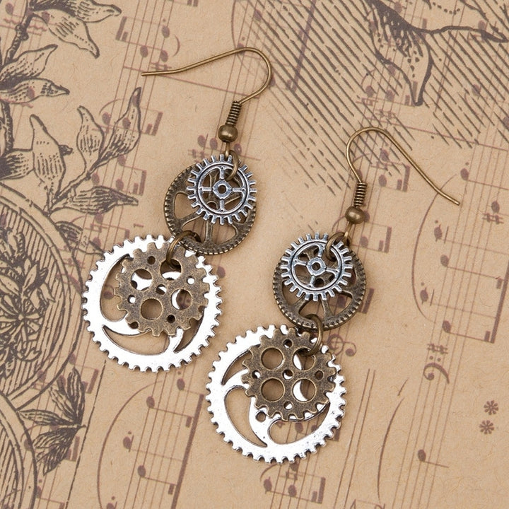 Steampunk Metal Double Gear Drop Pendant Women Hook Earrings Party Jewelry Gift Image 2