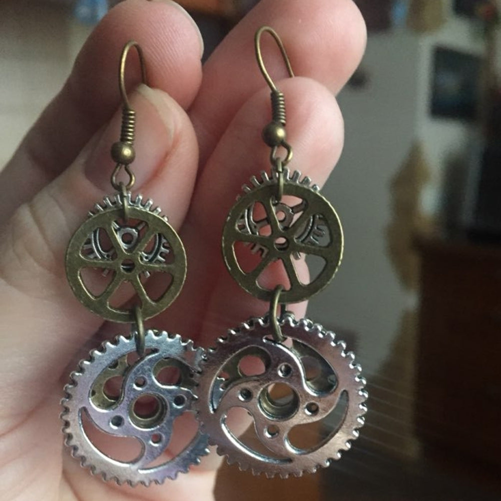 Steampunk Metal Double Gear Drop Pendant Women Hook Earrings Party Jewelry Gift Image 3