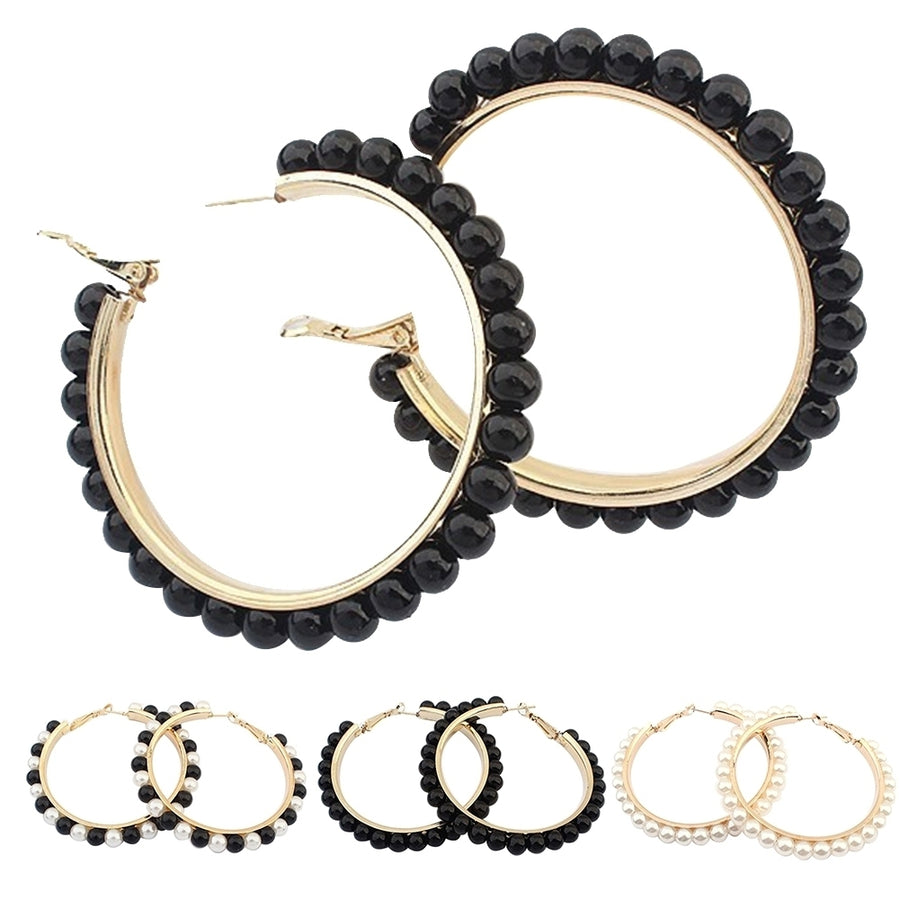 Fashion Women Faux Pearl Inlaid Large Circle Statement Hoop Earrings Jewelry Image 1