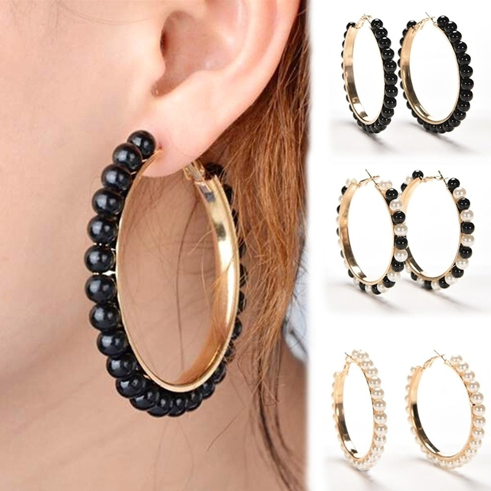 Fashion Women Faux Pearl Inlaid Large Circle Statement Hoop Earrings Jewelry Image 2