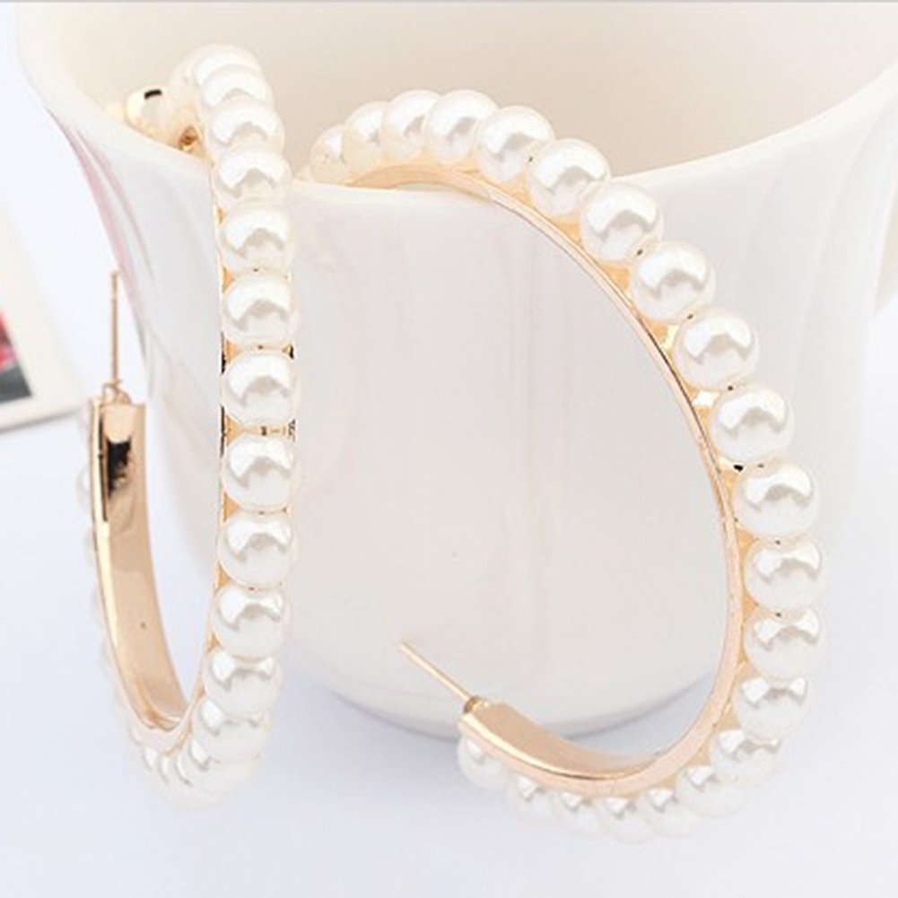 Fashion Women Faux Pearl Inlaid Large Circle Statement Hoop Earrings Jewelry Image 3