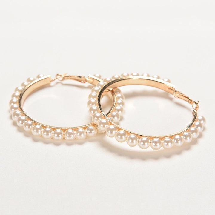 Fashion Women Faux Pearl Inlaid Large Circle Statement Hoop Earrings Jewelry Image 7