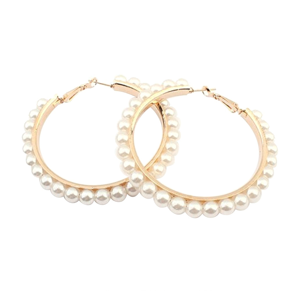 Fashion Women Faux Pearl Inlaid Large Circle Statement Hoop Earrings Jewelry Image 10