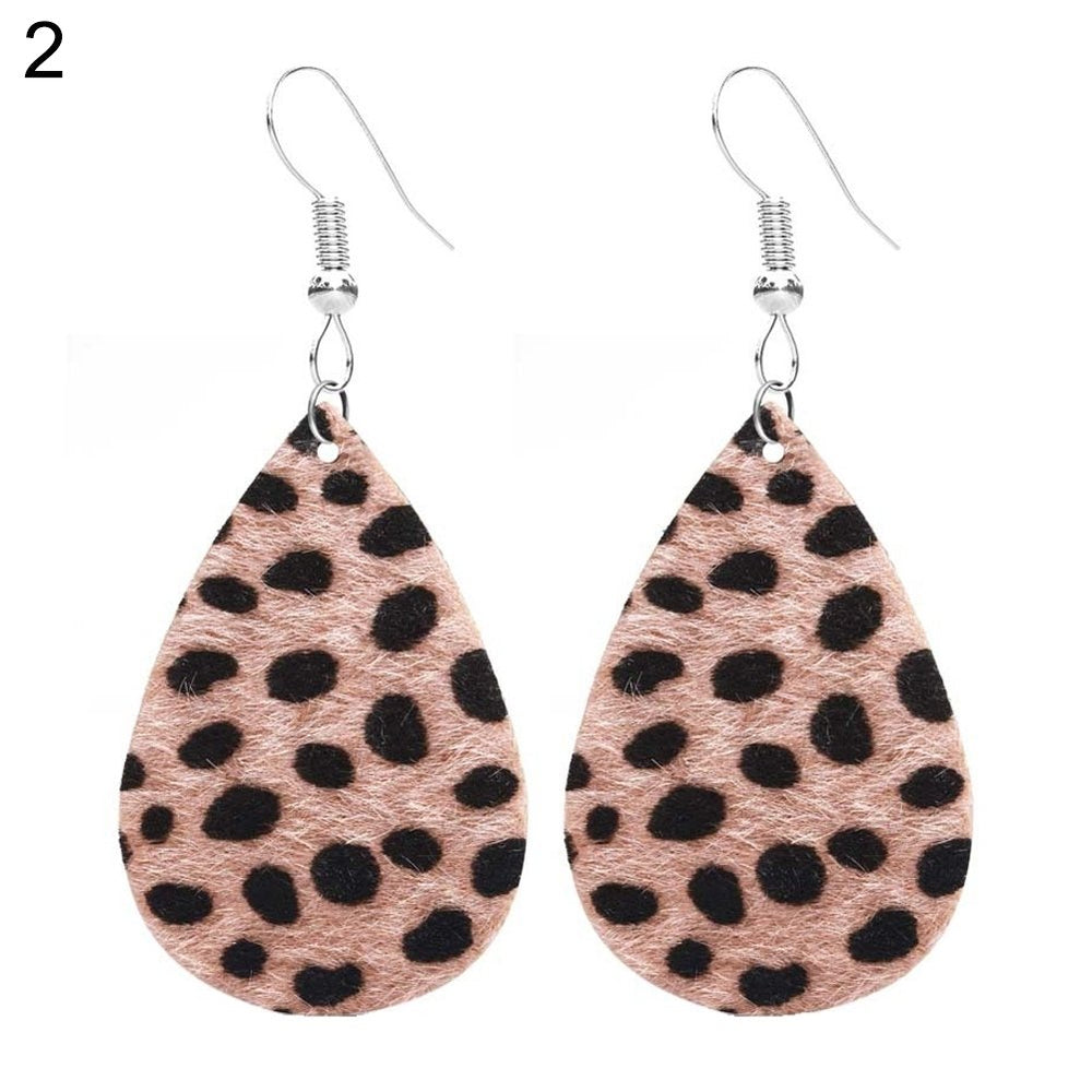 Women Hollow Leopard Dot Print Faux Leather Teardrop Hook Earrings Jewelry Gift Image 2