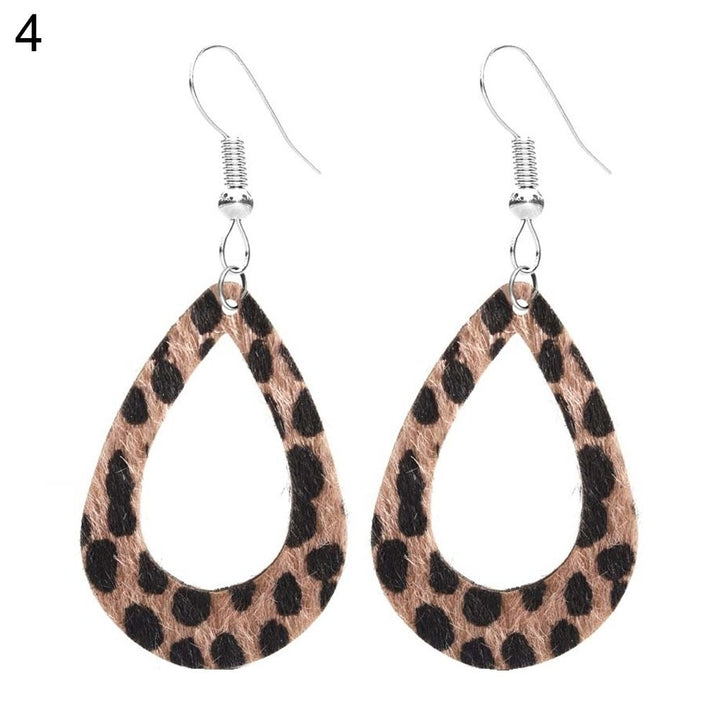 Women Hollow Leopard Dot Print Faux Leather Teardrop Hook Earrings Jewelry Gift Image 3